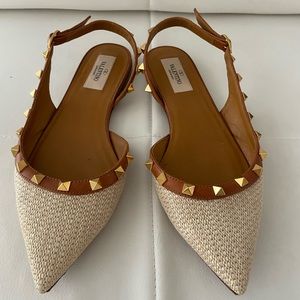 Valentino rockstud raffia calfskin slingbacks flats ballerina natural Sz 37